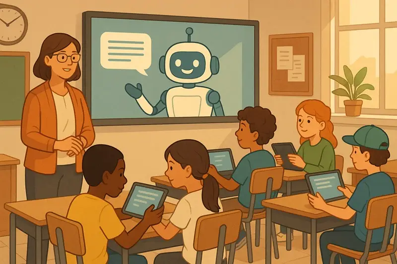 a modern classroom scene showing a diverse group of students using laptops and tablets with a friendly ai assistant on a screen helping the teacher—illustrating the role of ai in education
