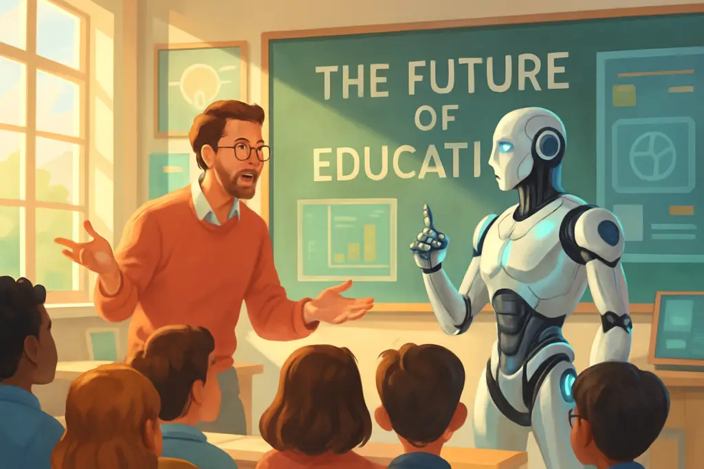 in a vibrant classroom setting a human tutor and an ai tutora sleek humanoid robot with glowing blue accentsare engaged in a lively debate about the f 1